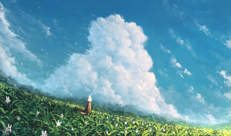 Tommy Chandra, rabbits, clouds, sky, pasture, grass, flowers, hills, White Rabbit