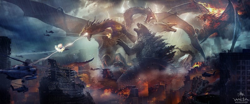 Godzilla, Godzilla: King of the Monsters, kaiju, artwork, Weta Workshop, King Ghidorah, Rodan, military aircraft