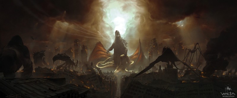 Godzilla, Godzilla: King of the Monsters, kaiju, artwork, Weta Workshop, King Ghidorah, Rodan, ruins