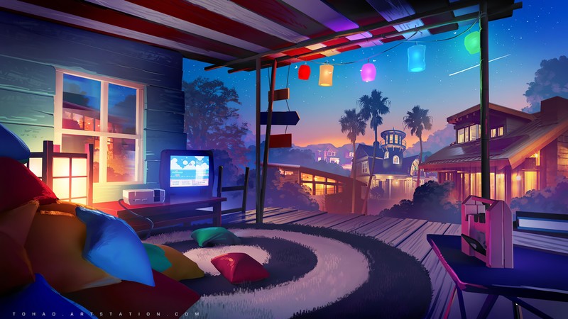 artwork, digital art, interior, city, sky, stars, night, shooting stars, TV, interior design, concept art, console, consoles