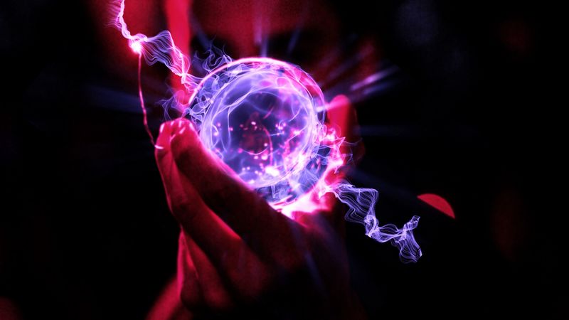 hand, ball, neon, silhouette, light, 4k