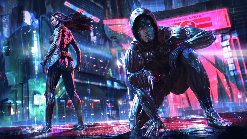 digital, digital art, artwork, futuristic, futuristic city, futuristic armor, robot, robotic, robotics, neon, neon lights, lights, cyborg, architecture, building, cyber, cyberpunk, Dark Cyberpunk, men, women, science fiction, concept art, environment, cyber city, tech, technology, cyan, pink