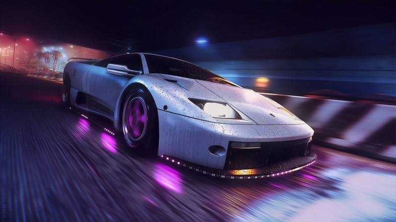 digital, digital art, artwork, illustration, retouching, edit, Need for Speed, video games, video game art, game art, vehicle, car, sports car, concept car, concept cars, night, lights, neon, neon lights, colorful, glowing, transport, Lamborghini, Lamborghini Diablo, environment