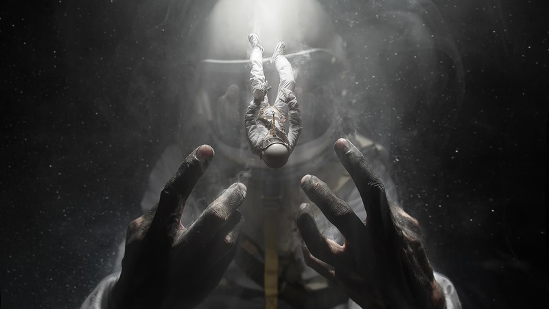 digital, digital art, artwork, fantasy art, astronaut, spacesuit, space, space art, giant, fictional, people, falling, dark, lights, hands, environment, concept art