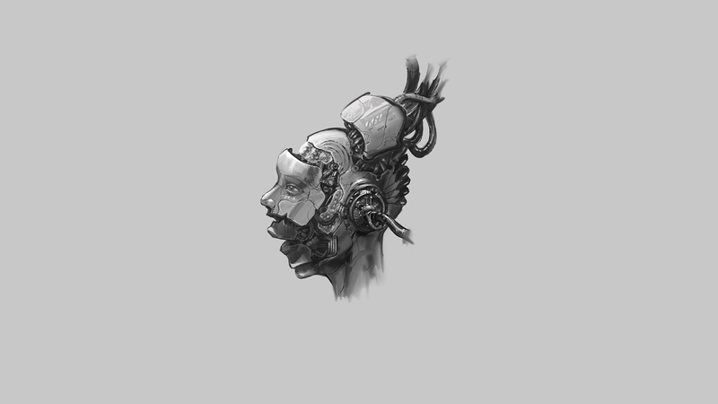 Huy Tran Viet, illustration, simple background, gray background, cyborg, cyber, cyberpunk, artwork, drawing, futuristic, Cyber Woman, robot, electronic, Dark Cyberpunk, modern