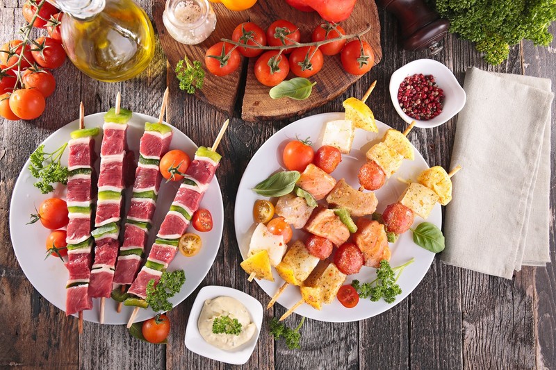 food, meat, tomatoes, vegetables, wooden surface, fish, salmon, basil, olive oil, Black pepper (Spice), cutting board, sushi