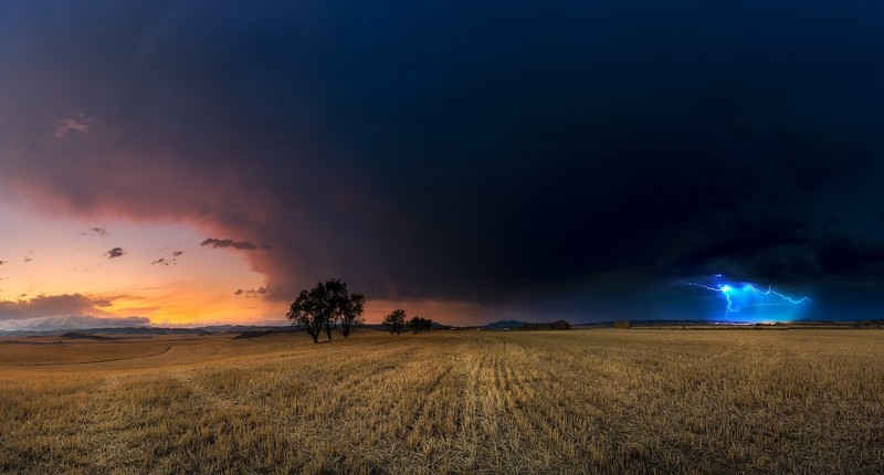 field, sky, dark, storm, landscape, clouds, lightning