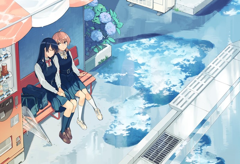 Yagate Kimi ni Naru, anime girls, redhead, black hair, school uniform, long hair, yuri, Koito Yuu, Nanami, Touko, digital art, cyan