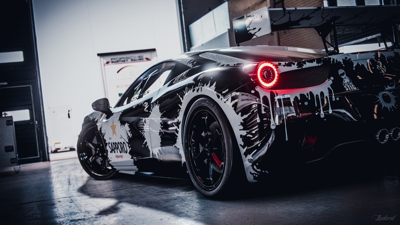 Garage, Ferrari, Ferrari 458, Ferrari 458 Italia, 458 italia, black, white, PlayStation 4, PlayStation, Gran Turismo, Gran Turismo Sport, red light, paint splatter, splats, dripping paint