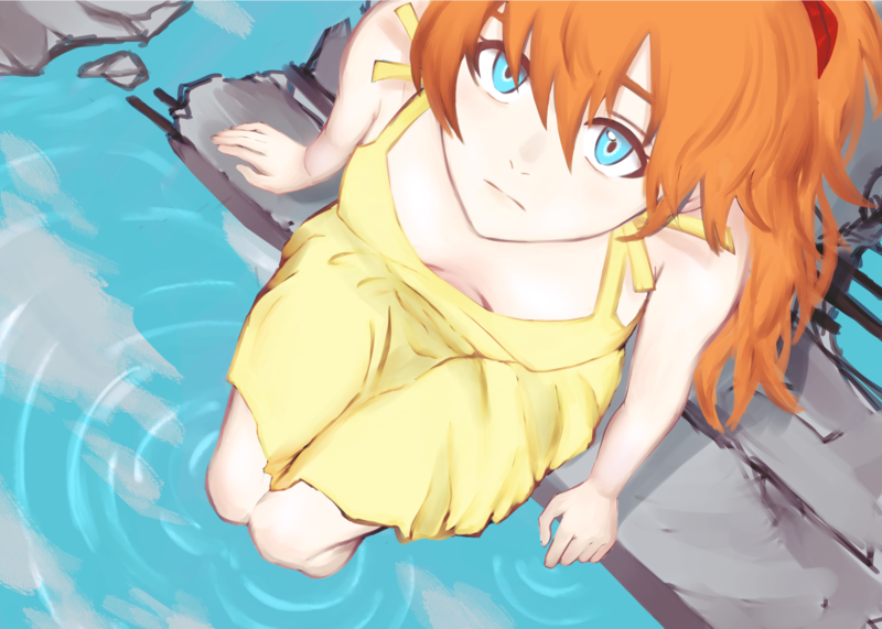 Neon Genesis Evangelion, anime girls, redhead, long hair, blue eyes, Asuka Langley Soryu, yellow dress, cleavage, digital art