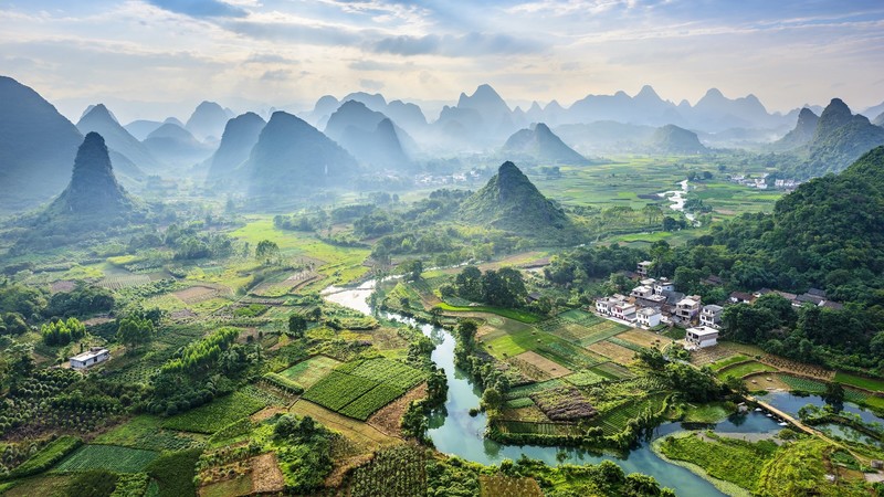 landscape, nature, China, village, Asia, hill, hills, river, field, aerial view