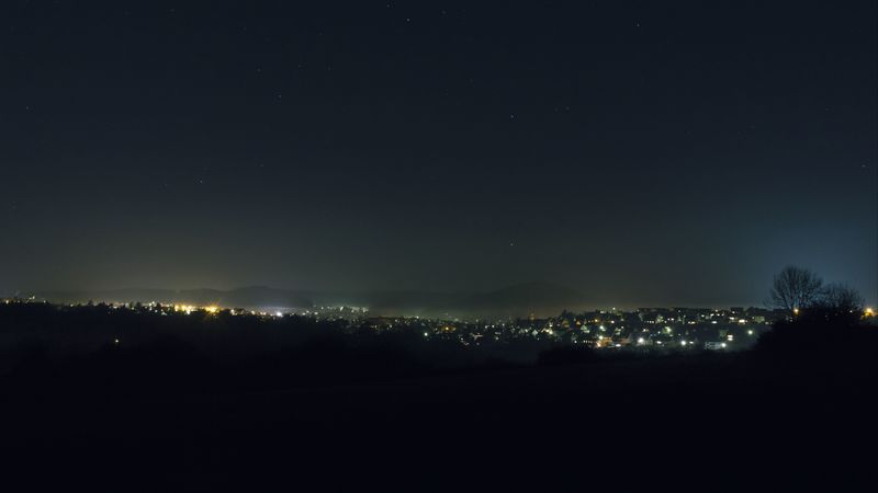 night city, starry sky, night, aerial view, 4k