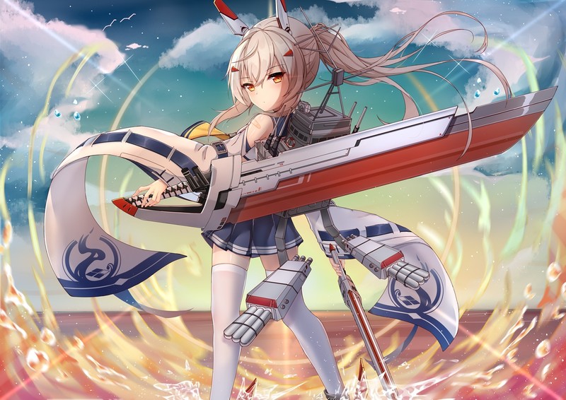 anime, anime girls, digital art, artwork, Azur Lane, Ayanami (Azur Lane), portrait, sky, clouds, water, skirt, blonde, green eyes, sword, ponytail, girls with swords, blue skirt