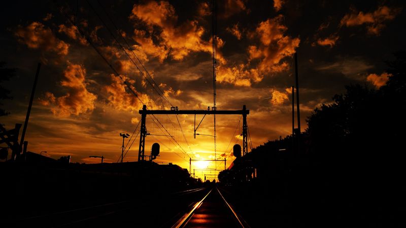 railway, sunset, clouds, station, wires, traffic lights, 4k