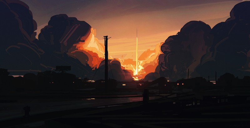 Bastien Grivet, digital art, sunset, rocket, clouds, smoke, orange, lift off