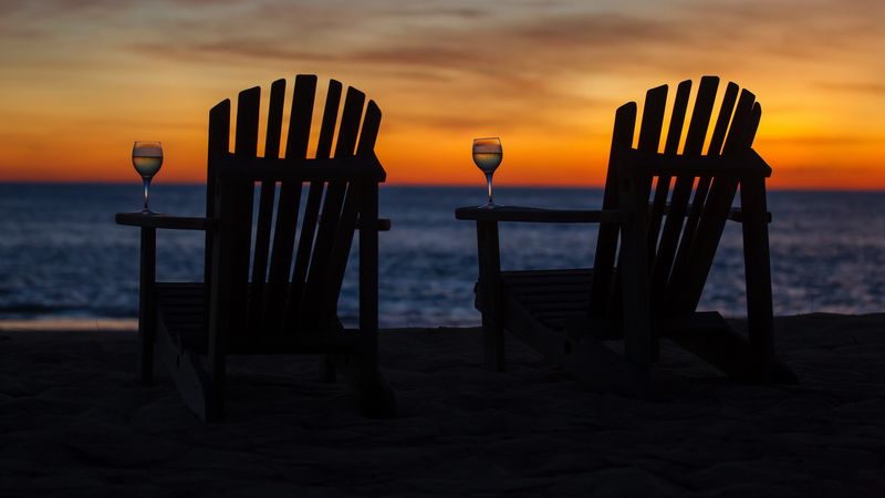chair, beach, sunset, rest, glass, 4k