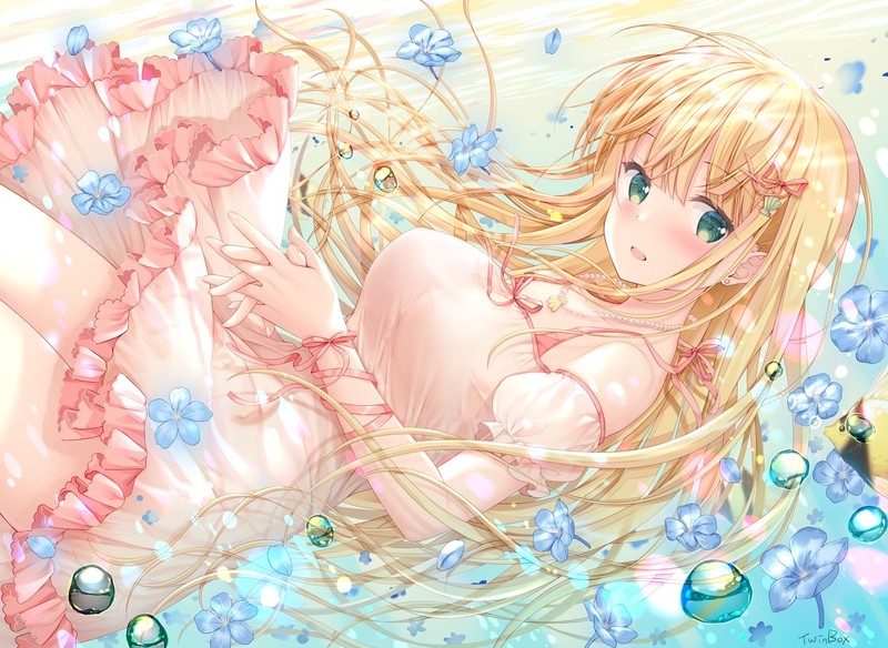 anime, anime girls, digital art, long hair, portrait, blonde, green eyes, open mouth
