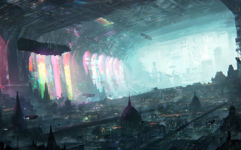 fantasy art, city, colorful, space, science fiction, cyan