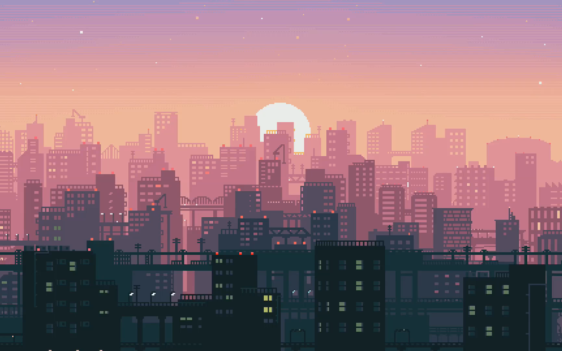 sunset, pixel art, pixels, city, sky, skyline, 16-bit