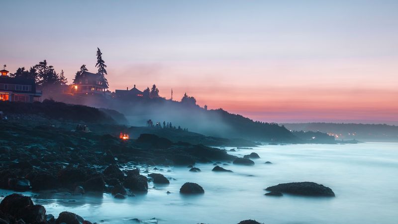 beach, fog, coast, sunset, camping, landscape, stones, 4k