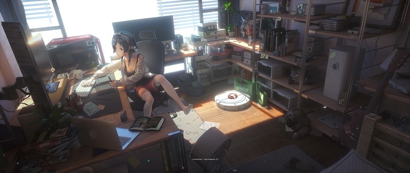 anime, 3D Animation, watermarked, anime girls, desk, computer, sitting, thigh-highs, room, artwork, digital art