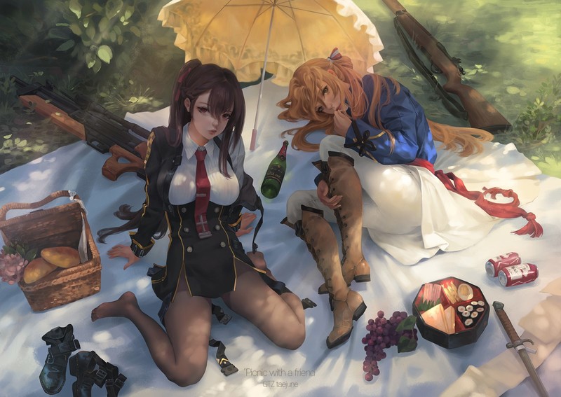 Girls Frontline, anime girls, anime, video games, picnic, kneeling, pantyhose, food, brunette, blonde, sniper rifle, rifles, weapon, girls with guns, looking at viewer, outdoors, umbrella, sun rays, sword, artwork, digital art, drawing, illustration, Taejune Kim