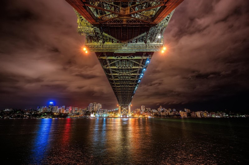 night, city, cityscape, sky, water, lights, bridge