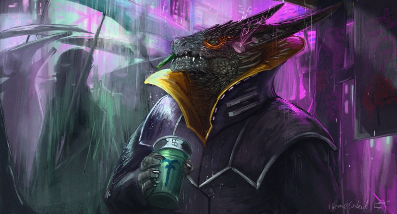 digital, digital art, artwork, illustration, drawing, painting, digital painting, science fiction, futuristic, neon, neon lights, lights, fictional, fictional character, people, umbrella, rain, cigars, smoking, dragon, reptile, city, horns, city lights
