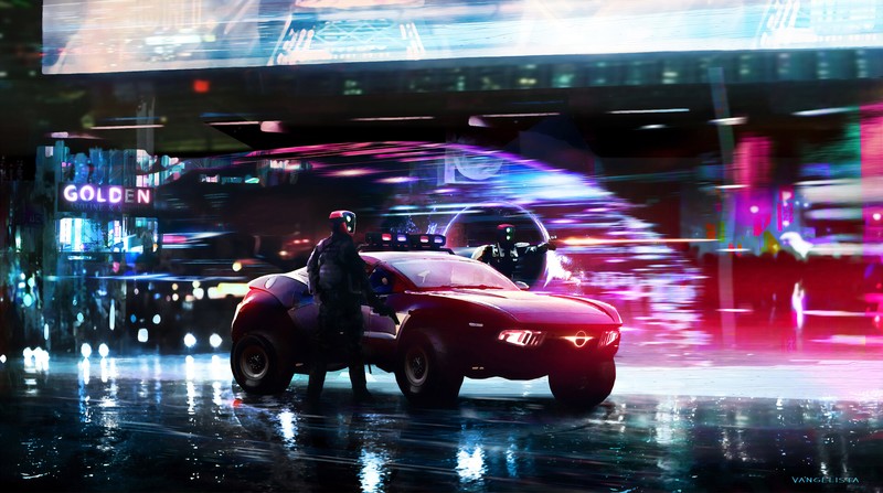 digital, digital art, artwork, illustration, futuristic, futuristic city, futuristic armor, vehicle, car, transport, robot, cyborg, city, lights, city lights, reflection, pistol, laser pistol, cyber, cyberpunk, Dark Cyberpunk, dark, concept art, environment, robotic, weapon, science fiction