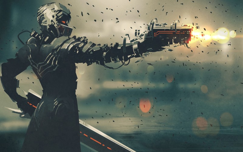 digital art, artwork, science fiction, sword, gun, shooting