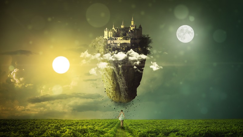 digital, digital art, artwork, illustration, fantasy art, landscape, colorful, Sun, sunlight, Moon, moonlight, nature, castle, clouds, floating, floating particles, women, women outdoors, outdoors, Photoshop, photomontage, photo manipulation, Photorealism, sky, skyscape, field, Sky Temple, Floating Castle, morning, night, environment, atmosphere, glowing, magic