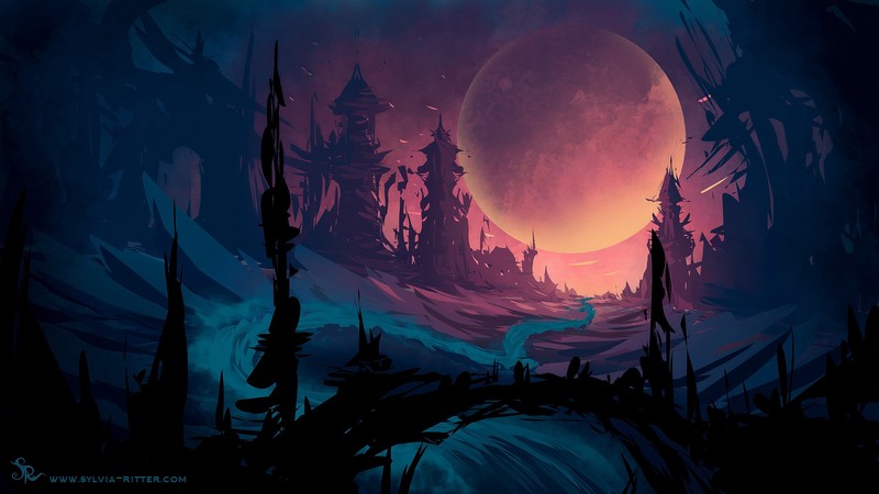 digital, digital art, artwork, illustration, drawing, painting, digital painting, landscape, dark, planet, fantasy art, science fiction, sky, calm, krita, wood, apocalyptic, ruin, ruins, watermarked