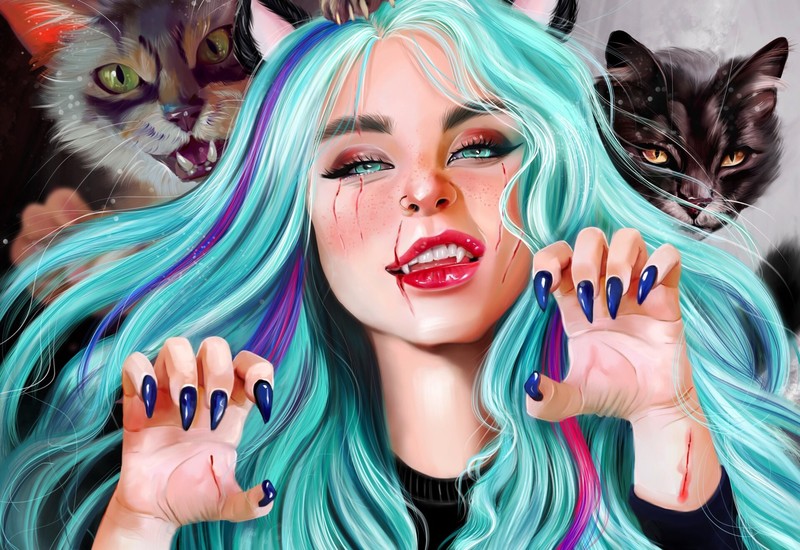 cats, animals, women, painted nails, long hair, artwork, cyan hair, cyan