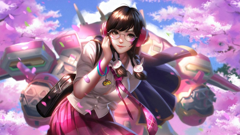 digital, digital art, artwork, illustration, fictional, fictional character, video game art, video game characters, video game girls, game art, Overwatch, trees, nature, pink, fan art, robot, D.Va (Overwatch), Blizzard Entertainment, school uniform, schoolgirl, school, Liang-Xing