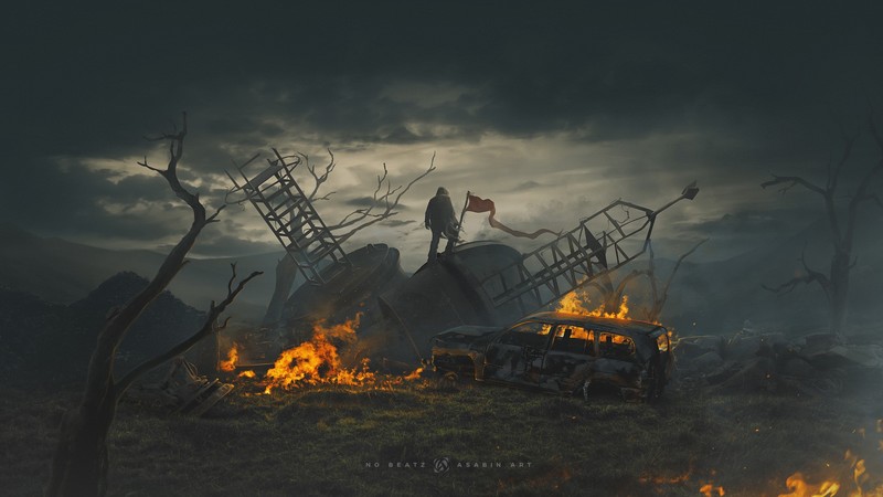 Treeway23, digital art, fire, car, wreck, sky, dark, flag
