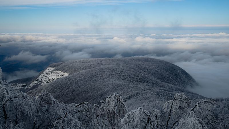 mountain, winter, clouds, frost, peak, sky, 4k