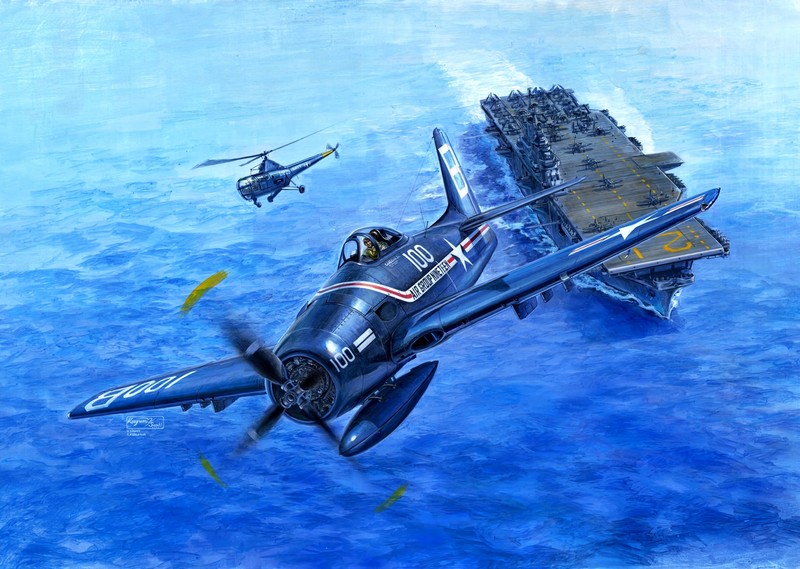 war, vehicle, aircraft, aircraft carrier, artwork, Grumman F8F Bearcat, Sikorsky H-5, Warbird
