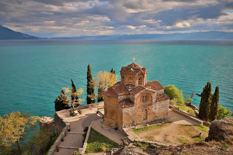 Macedonia, church, sky, water, lake, mountains, architecture, turquoise