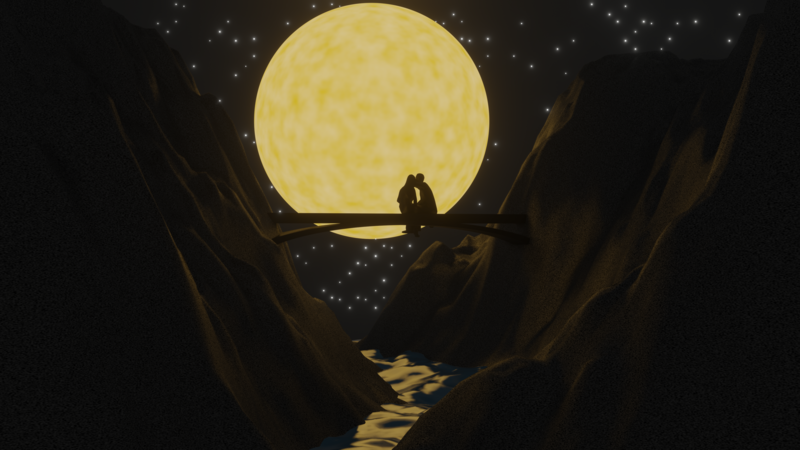 Moon, Blender, kissing, bridge, stars, water, people