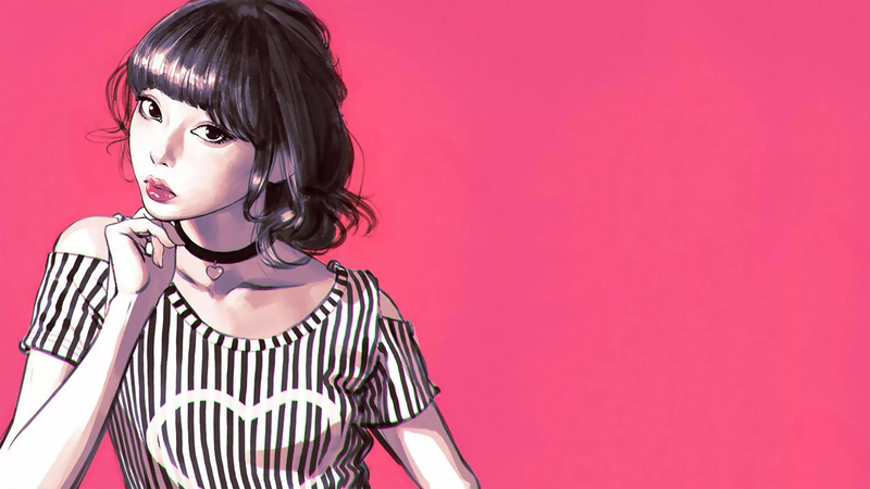 Ilya Kuvshinov, women, drawn, digital art, bangs, choker, black hair, looking at viewer