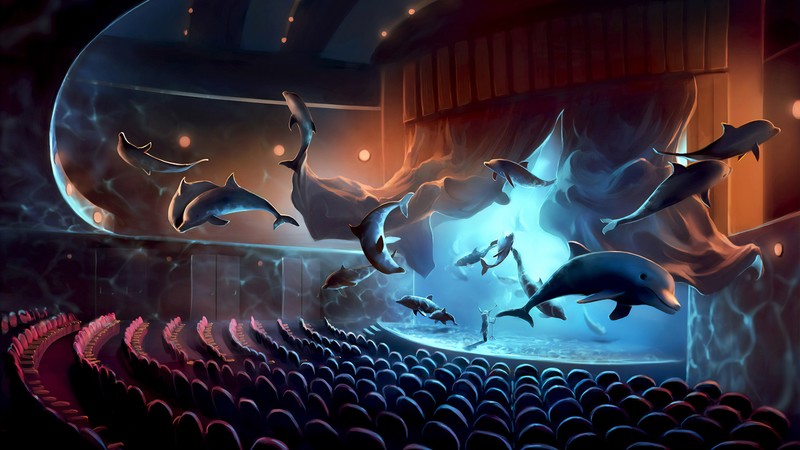 digital, digital art, artwork, fantasy art, drawing, painting, digital painting, landscape, theater, lights, animals, dolphin, colorful, stages, stage light, surreal, chair, red chair, floating, concept art, environment, water, atmosphere, cyan, AquaSixio