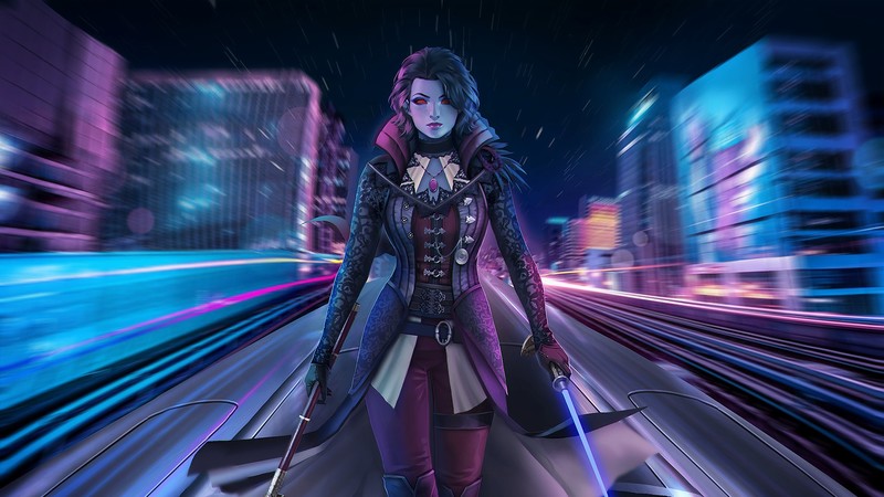 digital, digital art, artwork, women, weapon, bokeh, fantasy girl, cyber, cyberpunk, neon lights, neon, lights, city, lightsaber, science fiction, city lights, long exposure, cyan