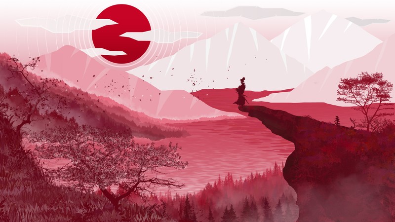 digital, digital art, artwork, illustration, drawing, painting, digital painting, landscape, pink, pink background, nature, trees, forest, wood, clouds, mountains, environment, concept art, silhouette, sunrise, sunset, Japan, samurai, colorful, Asian, minimalism, Aquelion