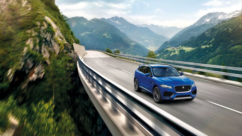 jaguar f-pace, jaguar, crossover, movement, mountains, bridge, 4k