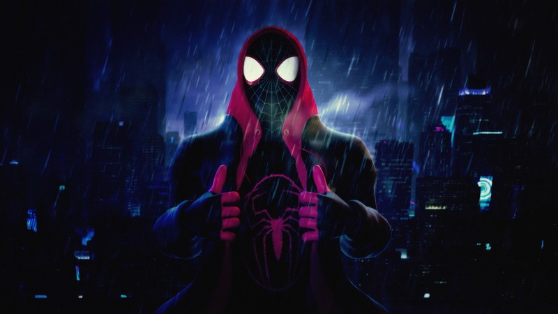 digital, digital art, artwork, illustration, hoods, Spider-Man, Miles Morales, Marvel Comics, mask, superhero, concept art, environment, city, rain, storm, city lights, architecture, building, Spider-Man: Into the Spider-Verse, fictional, fictional character, dark background, lights, frontal view