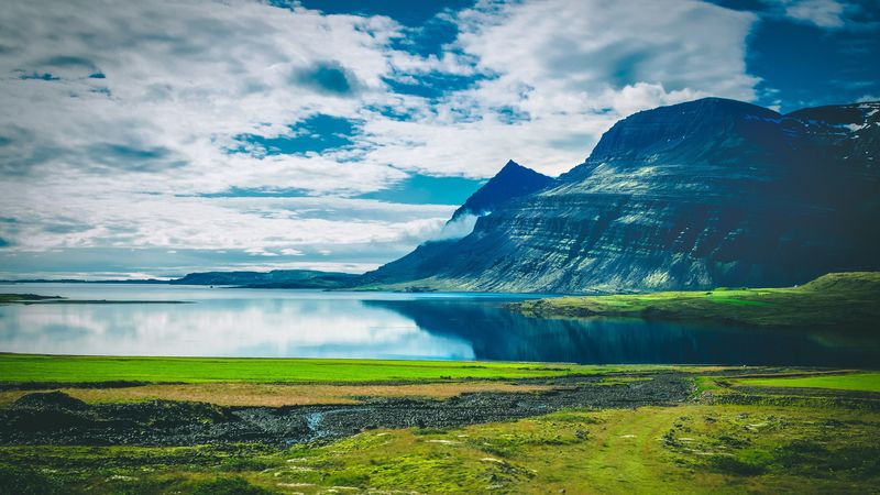 lake, mountains, landscape, clouds, island, 4k