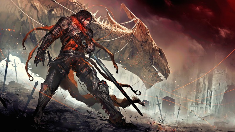 digital art, concept art, artwork, fantasy art, fan art, painting, warrior, dragon, creature, sword, magic, fictional creatures, weapon