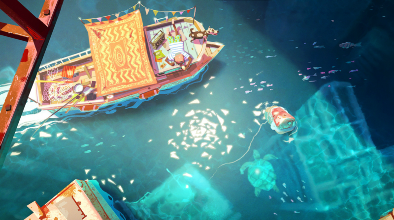 boat, water, fish, turtle, dog, sea, nets, fishing rod, boombox, cyan