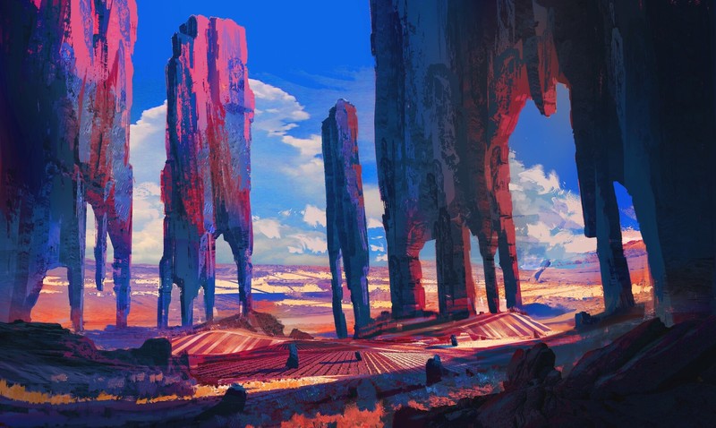 fantasy art, Anthony Brault, clouds, digital art, pillar, hills, pink