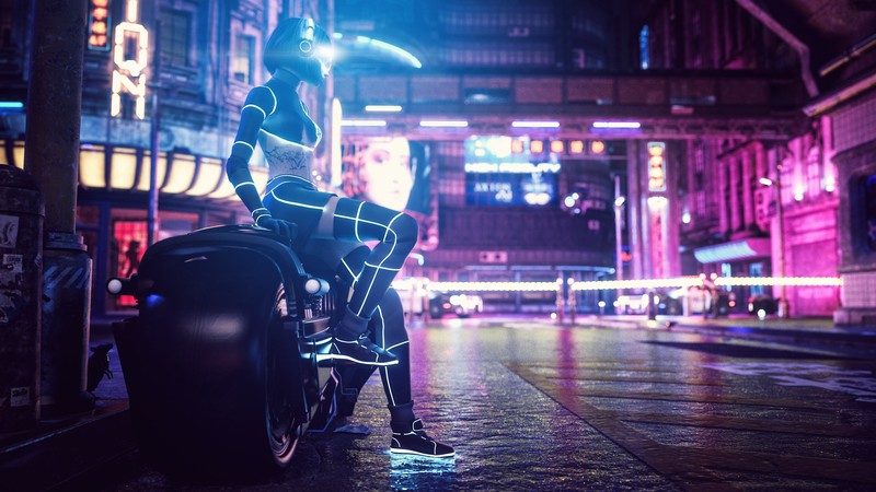 digital, digital art, artwork, illustration, futuristic, futuristic city, cyber, cyberpunk, lights, city, city lights, landscape, women, vehicle, transport, science fiction, neon, neon lights, biker, bikes, night, street, fantasy girl, urban, pink